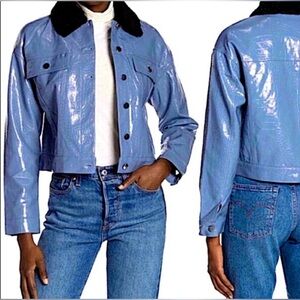 Dolce Cabo Women's Blue Faux Leather Jacket with Black Collar / Size M / NWOT